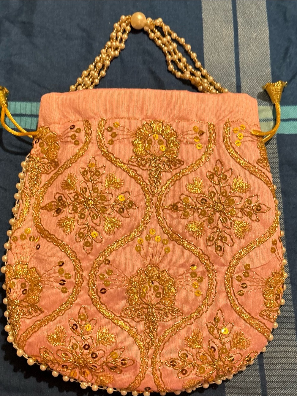 Gold-Embroidered Pink Evening Drawstring Bag